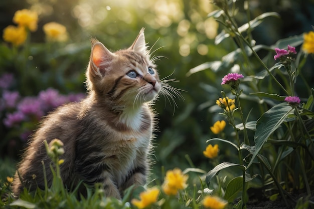 Pair of playful kittens playing in the garden