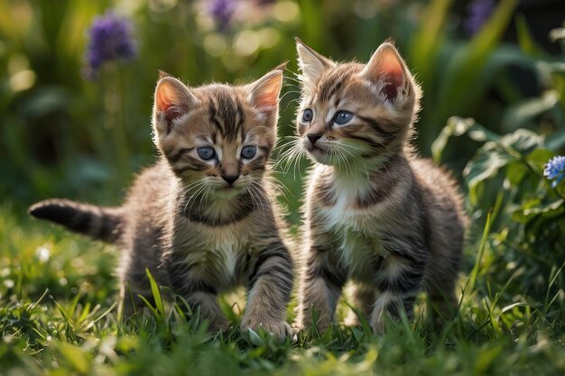 庭で遊ぶ遊び心のある子猫のペア