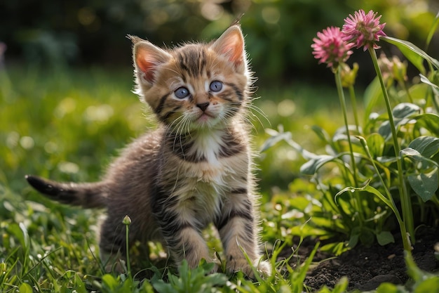 Pair of playful kittens playing in the garden