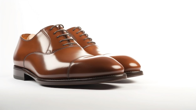 Pair of polished brown leather dress shoes on a white background