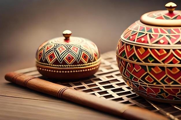 Photo a pair of pots with a wooden handle and a wooden cigar.