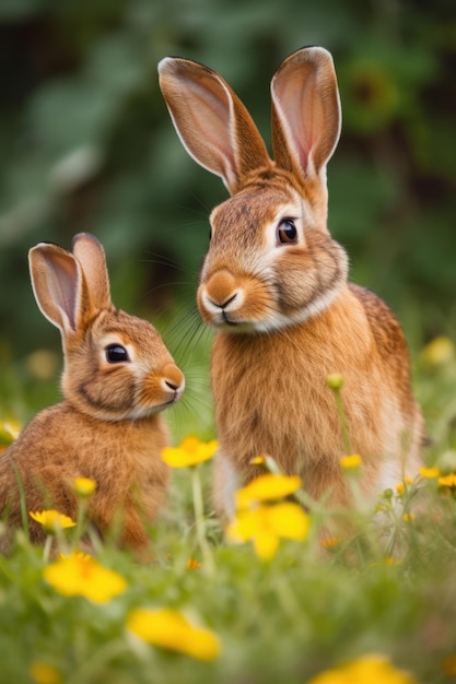 A pair of rabbits in a field of flowers