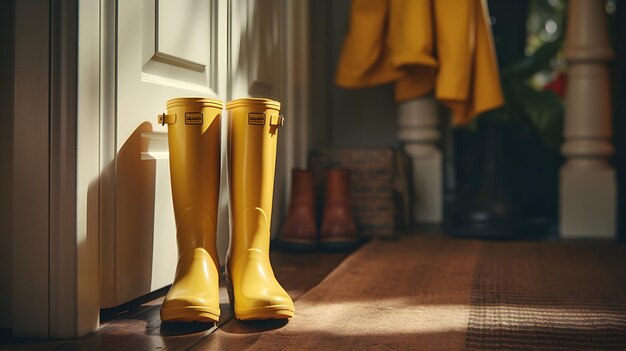 Photo a pair of rain boots sit by the doorway