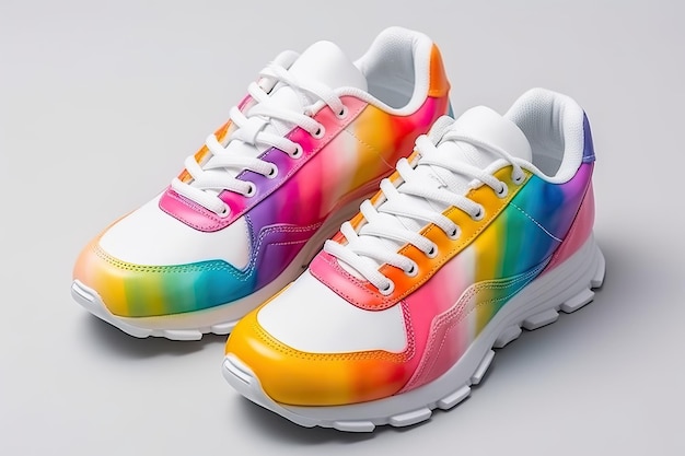 A pair of rainbow colored sneakers on white background