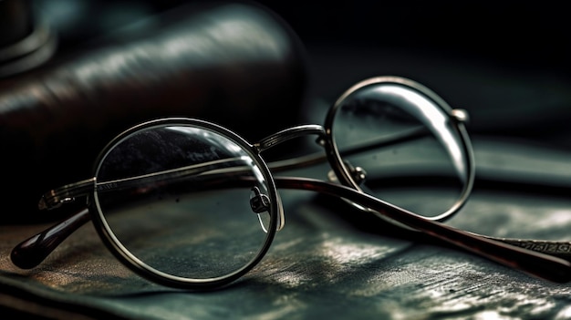 A pair of reading glasses on a table