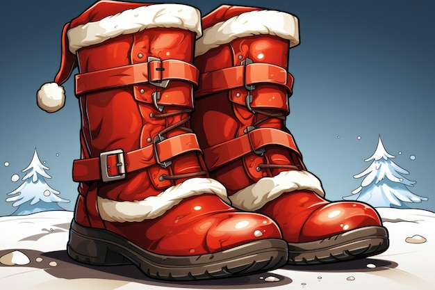 A pair of red boots sitting on top of a snow covered ground generative ai image