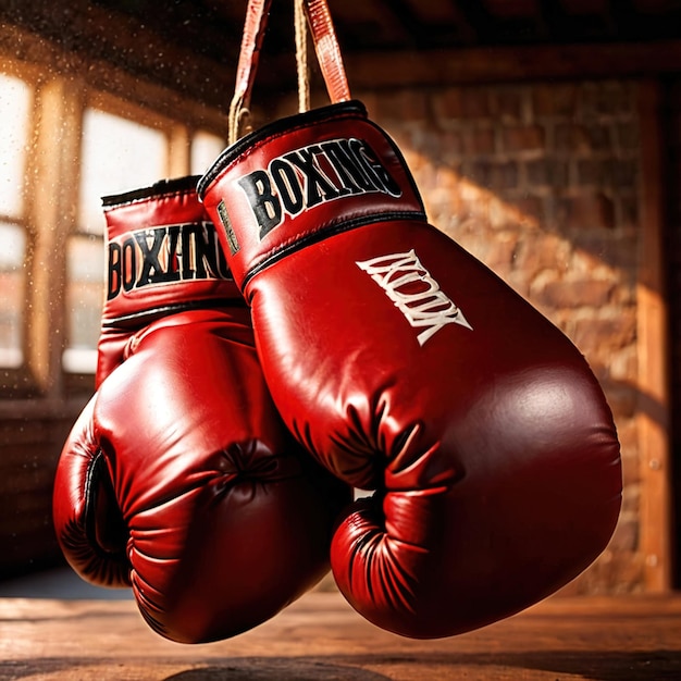 Photo a pair of red boxing gloves hanging from a rope