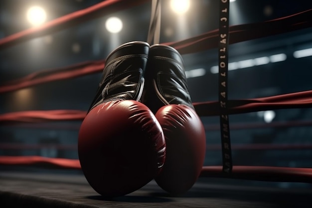 A pair of red boxing gloves in a ring with the word " home " on the side.