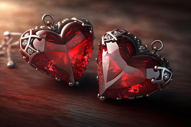 Pair of red heartshaped earrings crystal or diamond earrings The heart symbolizes love and passion.