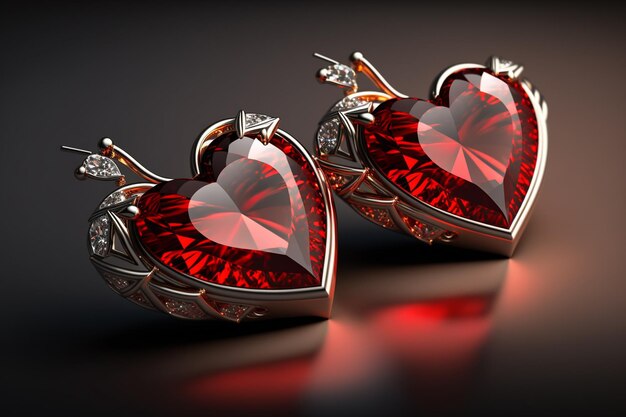 Pair of red heartshaped earrings crystal or diamond earrings The heart symbolizes love and passion.