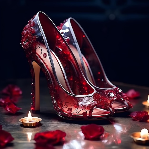 A pair of red high heeled shoes with a red design on the bottom.