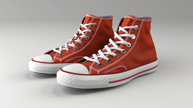 A pair of red hightop sneakers with white laces and a white sole The sneakers are isolated on a white background