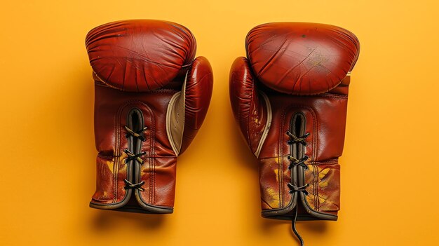 Photo a pair of red leather boxing gloves with black laces on a yellow background the gloves are old and worn with scuff marks and dirt stains