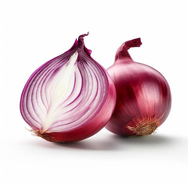 A pair of red onions are sitting next to each other.