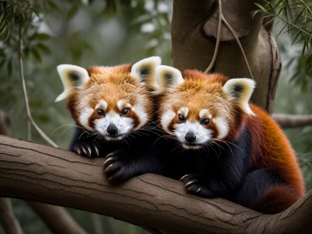 Photo a pair of red pandas cuddled together in a tree red pandas background images red pandas
