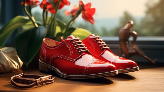 A pair of red shoes is placed on top of a wooden table