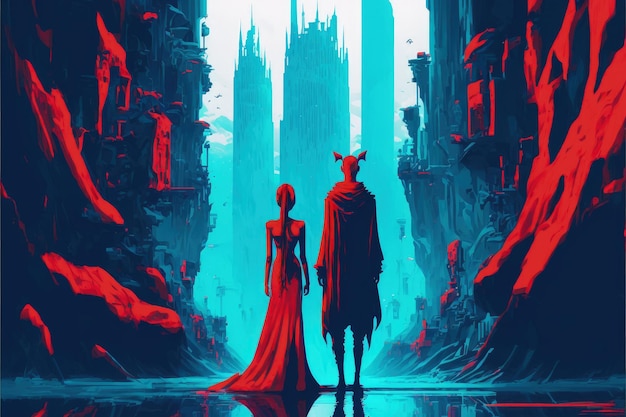 푸른 도시 풍경에 빨간색으로 서 있는 쌍 판타지 개념 그림 그림 생성 AI