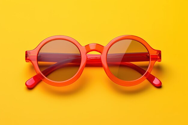 A pair of red sunglasses with a yellow background