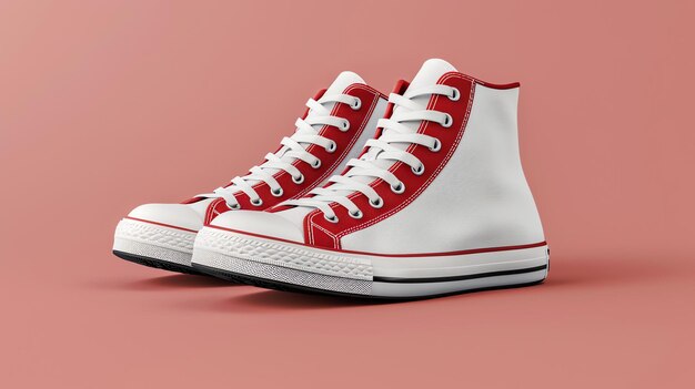 Photo a pair of red and white hightop sneakers on a pink background the sneakers are made of canvas and have a rubber sole the sneakers are unlaced