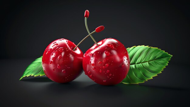 Photo a pair of ripe red cherries with water drops on the surface and a green leaf isolated on a black background