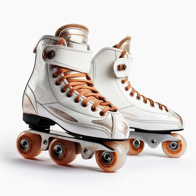 A pair of roller skates with orange wheels.