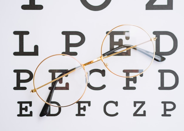 Pair of round glasses with gold frame and a testing blank