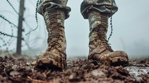 A pair of rugged boots stand firmly in the dirt embodying strength and readiness for action in a challenging environment