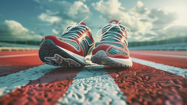 Photo a pair of running shoes on a red tartan track the shoes are untied and the laces are blowing in the wind