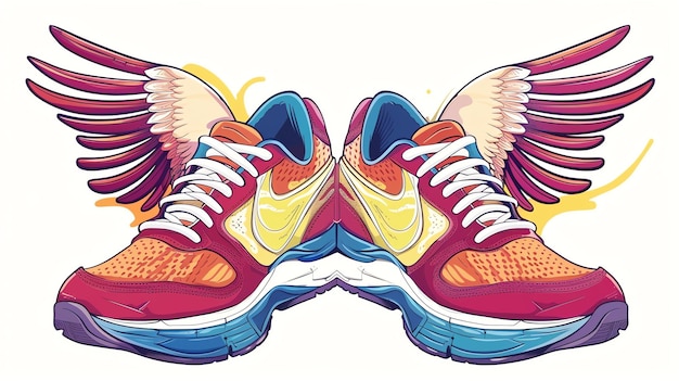 Photo a pair of running shoes with wings the shoes are red yellow and blue the wings are white pink and yellow the shoes are on a white background