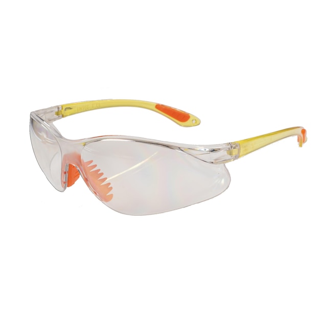 A pair of safety glasses with orange and yellow lenses.