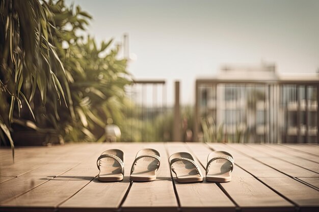 A pair of sandals sitting on a wooden table Generative AI