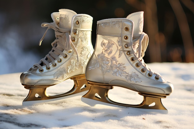 A pair of satin vintage ice skates with delicate embroidery for figure ice skating performance in the snow in the sunlight Figure ice skates in snow closeup Winter activity banner AI