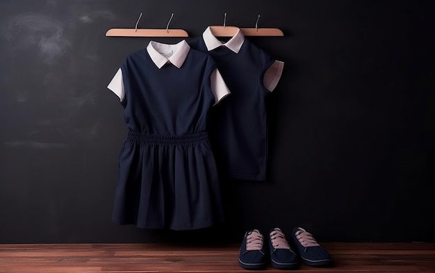A pair of school uniforms are hanging on a black wall.