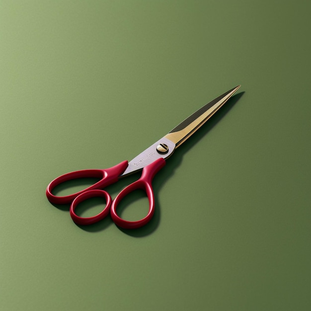 Photo a pair of scissors with a red handle sits on a green table.