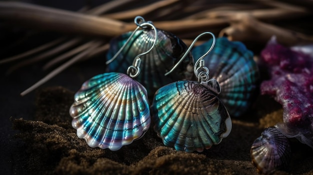 A pair of sea shells are on a beach.