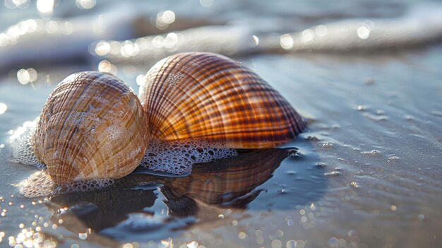 Photo pair of seashells resting on the wet sand at the water39s edge glistening under the radiant summer sunlight