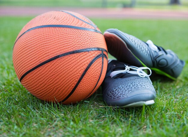 Foto un paio di scarpe sono sull'erba accanto a un pallone da basket.