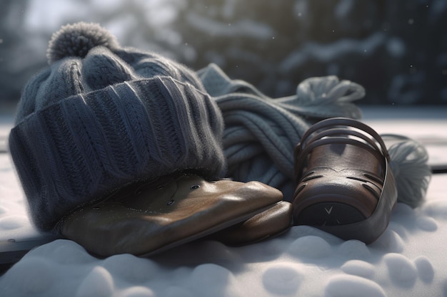 A pair of shoes are laying on the snow in front of a sweater and a sweater.