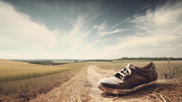 A pair of shoes on a dirt road with a sky background