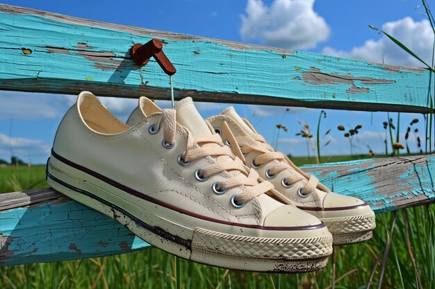 A pair of shoes hanging on a blue wooden fence