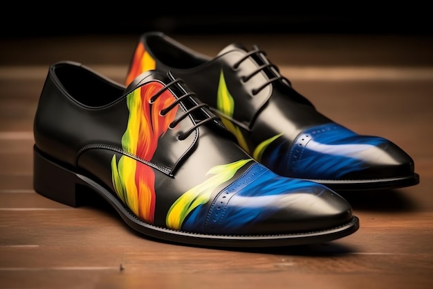 A pair of shoes that say'rainbow'on it