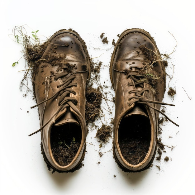 Foto un paio di scarpe con la sporcizia e l'erba su di loro