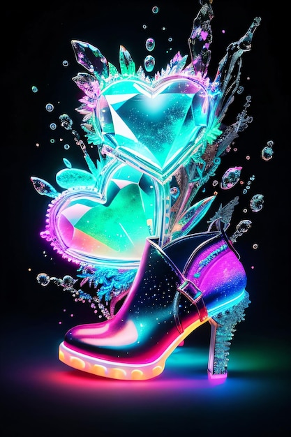 Photo a pair of shoes with a heart and a flower on them with bubbles coming out of them and a heart shape