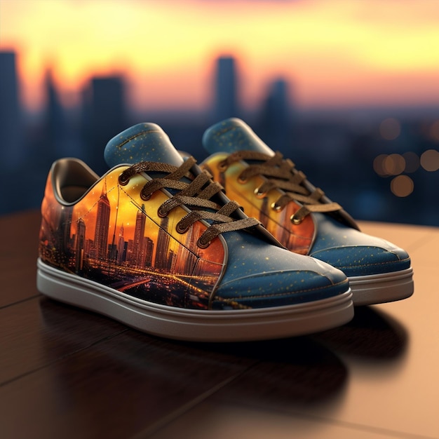 A pair of shoes with a picture of a city on the side of it.