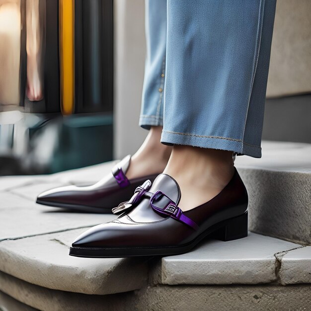 A pair of shoes with purple trim and a purple buckle.