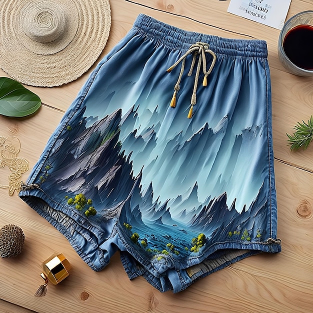 A pair of shorts with the image of mountains on them