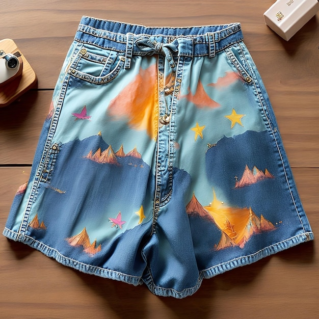 A pair of shorts with a mountain scene on the bottom.