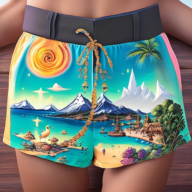 A pair of shorts with a tropical island and a tropical island on the bottom.