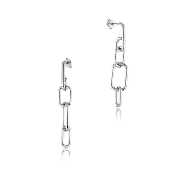 Photo pair of silver earrings isolated on white background with reflac