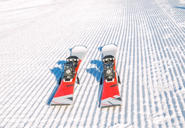 山の中にきれいに敷設された雪のスキーのペア